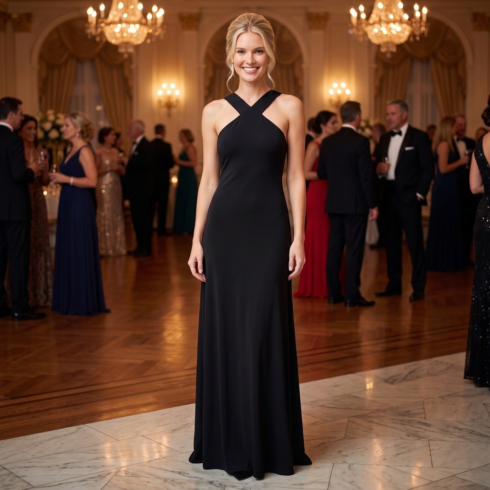 Lauren Ralph Lauren Maxi Dress Women L Black Halter Crisscross Back Formal Gown